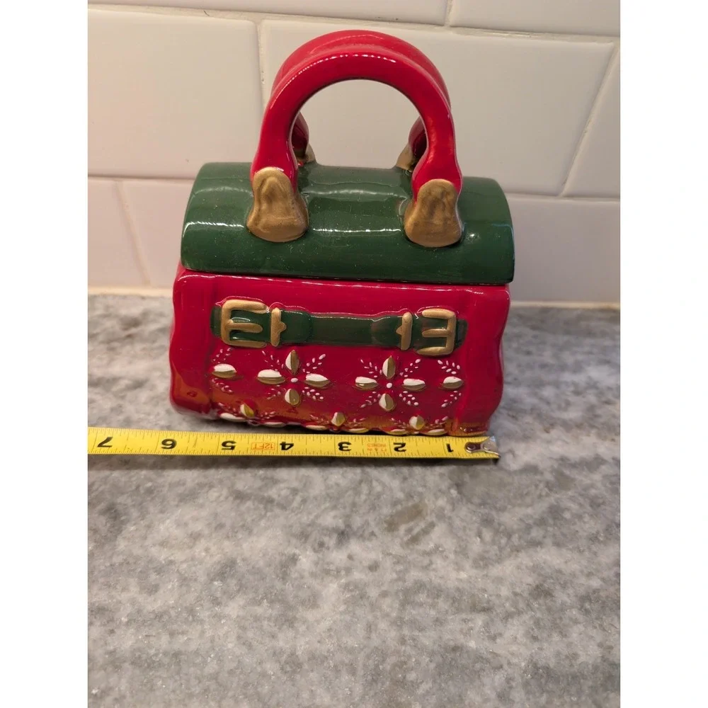VTG Christmas/Holiday Purse Cookie Jar by David's Cookies Red Green &‎ Gold